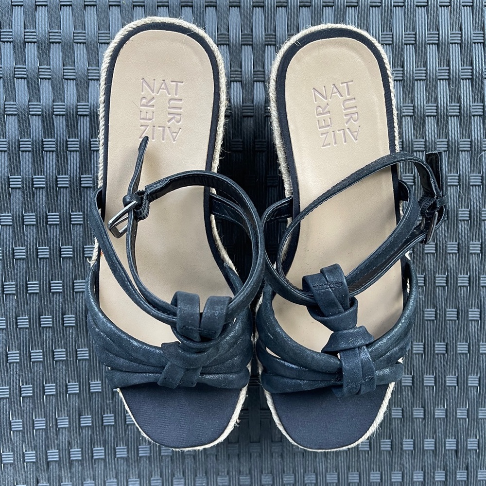 Naturalizer Odina Leather Espadrille Wedge Sandals Size 7W Black Strappy